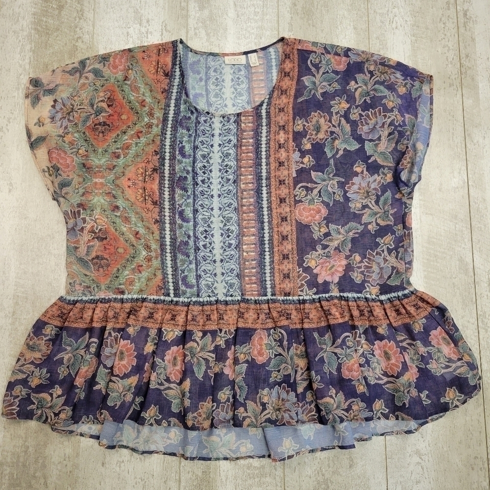LOGO Lori Goldstein Women's Large Multicolor Oversized Semi Sheer Peplum Hem Top